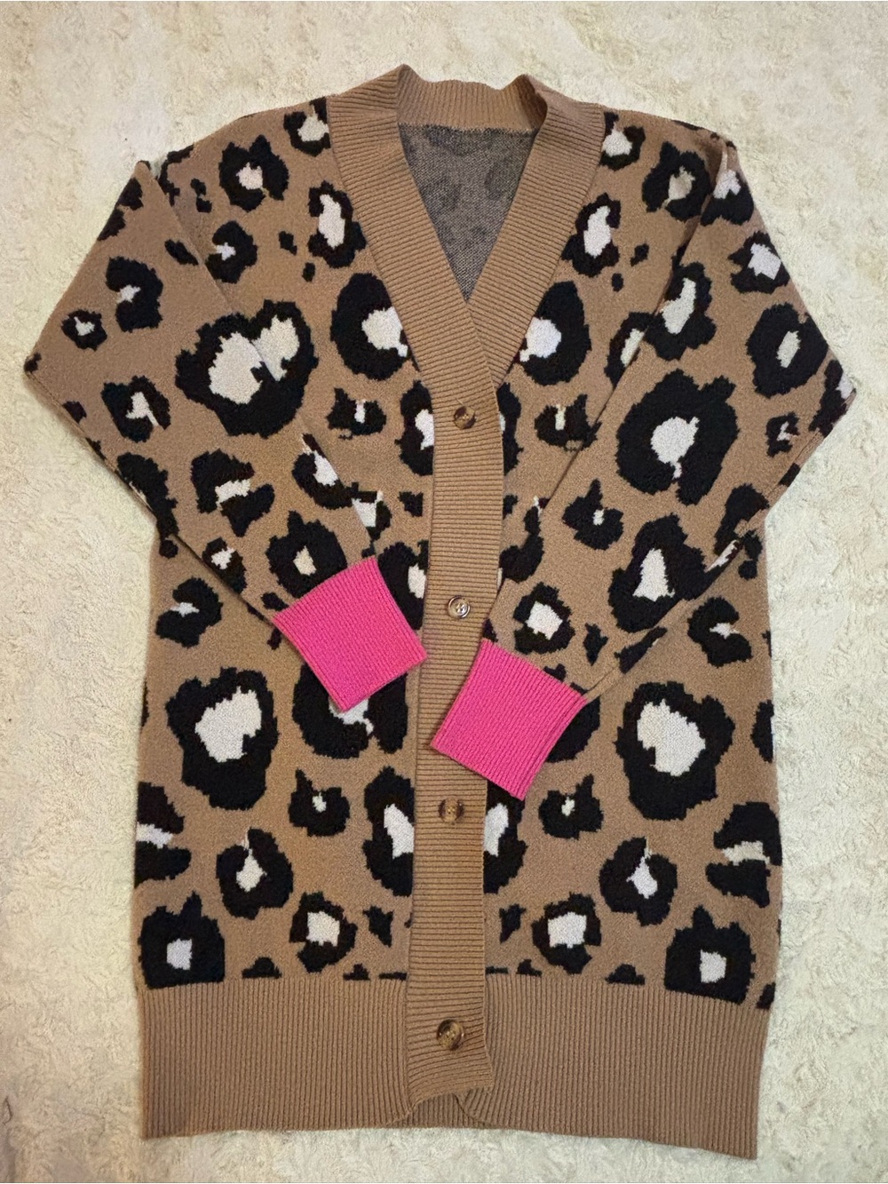 SHEIN Leopard Print Cardigan Sweater with Pink Cuffs